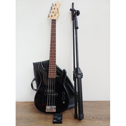 369 - A cased Encore short-scale electric bass guitar with EzetunE MT-1000 electronic chromatic tuner and ... 