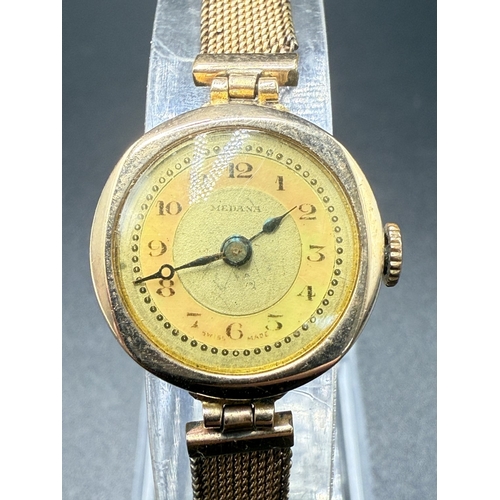 2273 - An Art Deco Medana hallmarked Chester 9ct gold cased hand wind ladies' wristwatch with rolled gold b... 