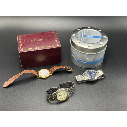 2274 - Three quartz men's wristwatches, two Rotary and one boxed Casio Wave Ceptor WVA-210 alarm world time... 