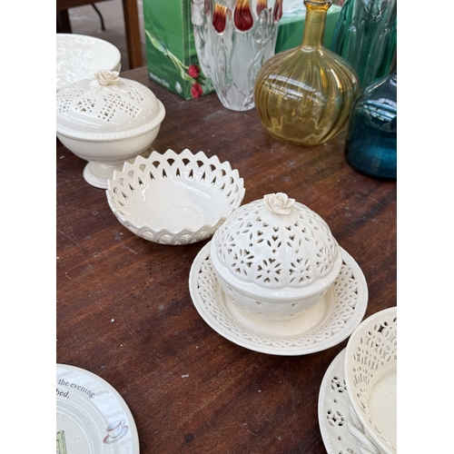 227 - Seven pieces of creamware pottery to include Spode bowl, Hartley Greens & Co. Leeds Pottery pierced ... 