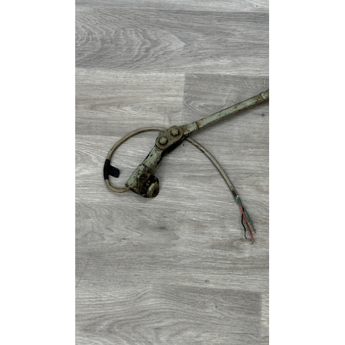 118 - A mid 20th century Mek-Elek green and grey painted metal articulated industrial machinist's desk lam... 