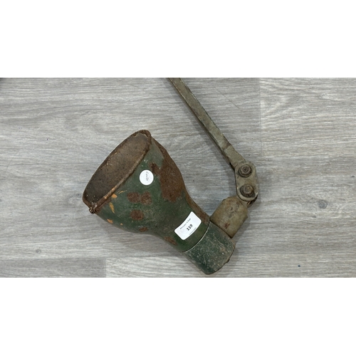 119 - A mid 20th century Mek-Elek green and grey painted metal articulated industrial machinist's desk lam... 