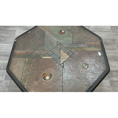 121 - A Brutalist Paul Kingma Tableaux series brass and copper inlaid slate octagonal coffee table - appro... 