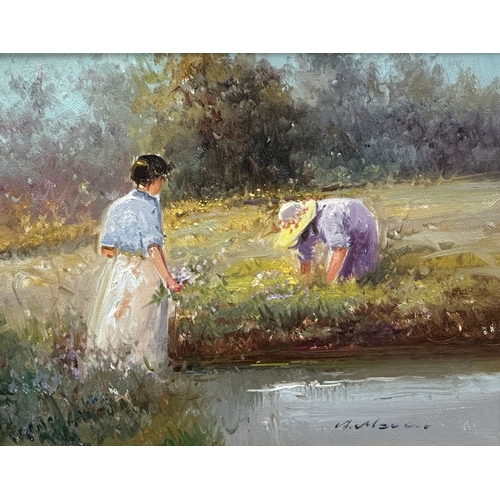 135 - A mid/late 20th century gilt framed oil on canvas of a flower picking scene, signed lower right - ap... 