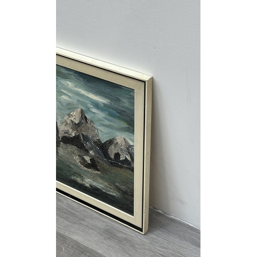 139 - A mid/late 20th century framed oil on board depicting a seascape - approx. 47cm high x 57cm wide