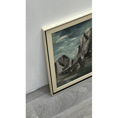 139 - A mid/late 20th century framed oil on board depicting a seascape - approx. 47cm high x 57cm wide