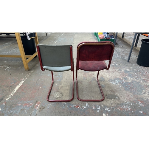 13A - Two mid 20th century red painted tubular metal and vinyl upholstered dining chairs to include one br... 