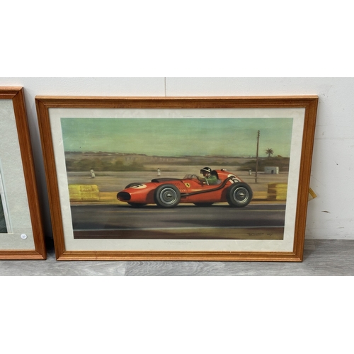 140 - Three framed racing car prints, one Jeremy Mallard 'Juan Manuel Fangio' limited edition 10/100 signe... 