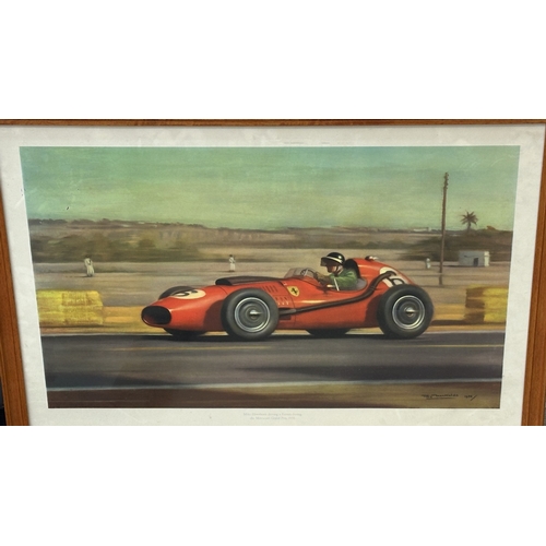 140 - Three framed racing car prints, one Jeremy Mallard 'Juan Manuel Fangio' limited edition 10/100 signe... 