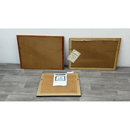 140 - Three framed racing car prints, one Jeremy Mallard 'Juan Manuel Fangio' limited edition 10/100 signe... 