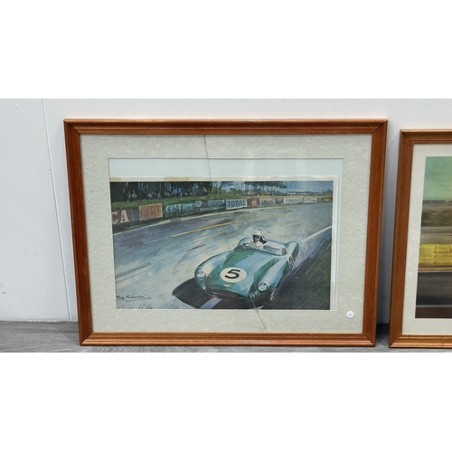 140 - Three framed racing car prints, one Jeremy Mallard 'Juan Manuel Fangio' limited edition 10/100 signe... 