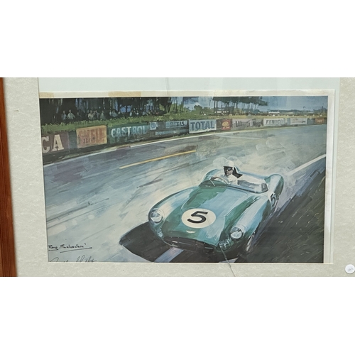 140 - Three framed racing car prints, one Jeremy Mallard 'Juan Manuel Fangio' limited edition 10/100 signe... 