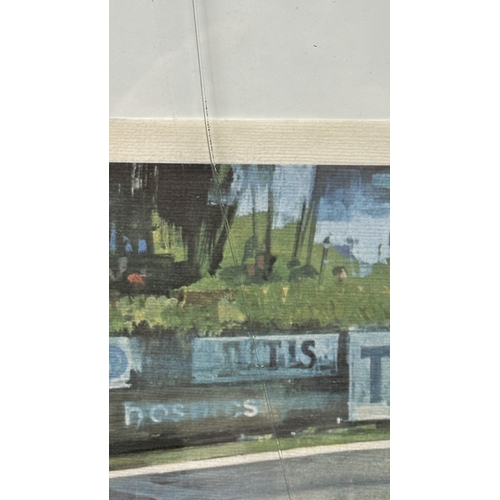 140 - Three framed racing car prints, one Jeremy Mallard 'Juan Manuel Fangio' limited edition 10/100 signe... 