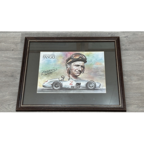 140 - Three framed racing car prints, one Jeremy Mallard 'Juan Manuel Fangio' limited edition 10/100 signe... 