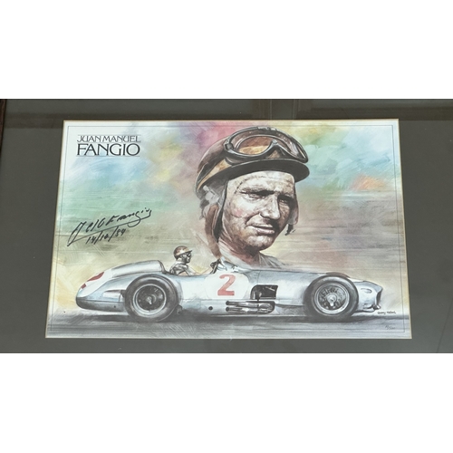 140 - Three framed racing car prints, one Jeremy Mallard 'Juan Manuel Fangio' limited edition 10/100 signe... 