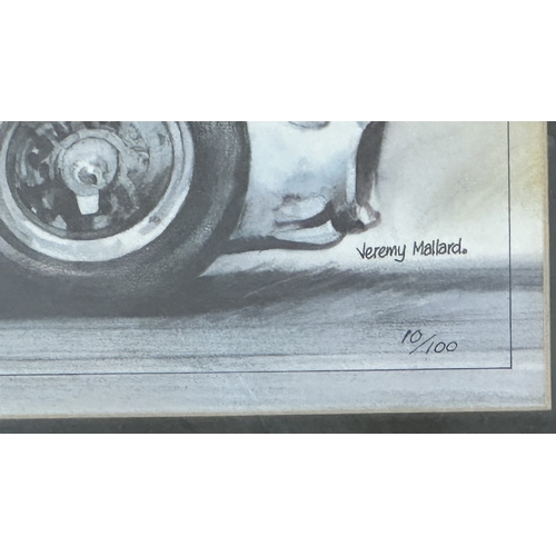 140 - Three framed racing car prints, one Jeremy Mallard 'Juan Manuel Fangio' limited edition 10/100 signe... 