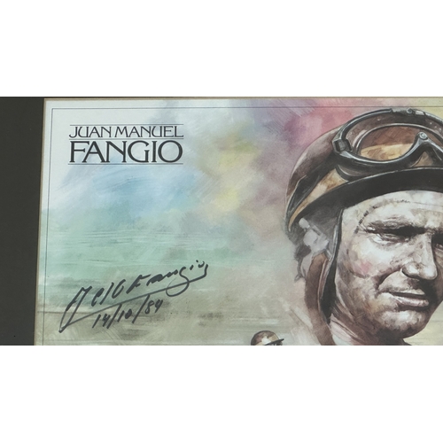 140 - Three framed racing car prints, one Jeremy Mallard 'Juan Manuel Fangio' limited edition 10/100 signe... 