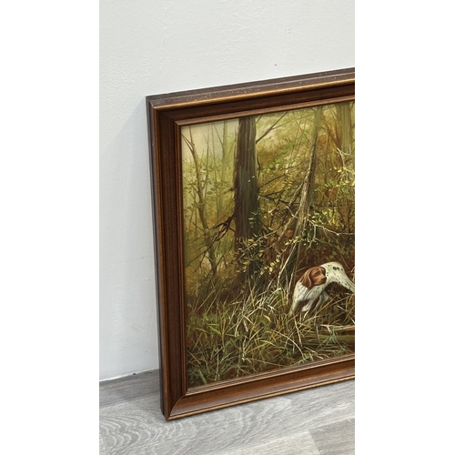 144 - A late 20th century framed oil on canvas of a hunting dog scene, signed L. Eiford - approx. 58cm hig... 