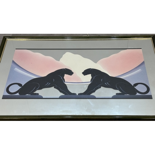 145 - A 1980s Art Deco style panther mirror print, after Carlos Sanchez - approx. 76cm high x 114cm wide
