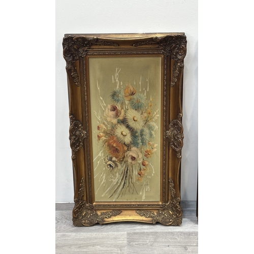 146 - Two 19th century style gilt framed floral oils on canvas - approx. 77cm high x 44cm wide