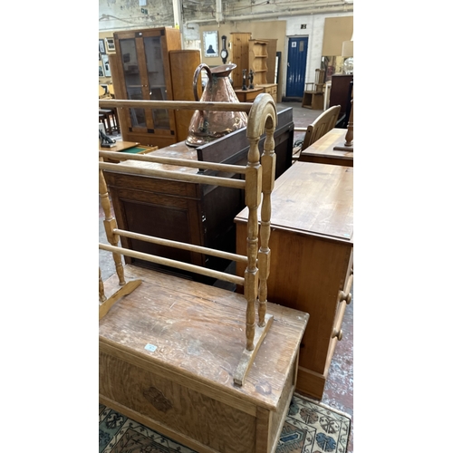 37 - Two pieces of furniture, one Victorian style beech free standing towel rail - approx. 78cm high x 63... 