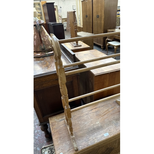 37 - Two pieces of furniture, one Victorian style beech free standing towel rail - approx. 78cm high x 63... 