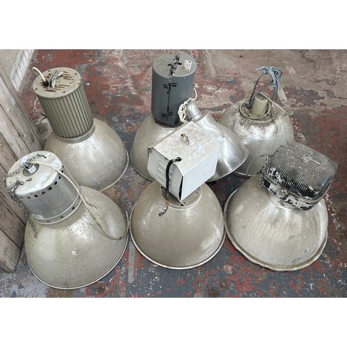 58 - Seven aluminium industrial pendant lights - largest approx. 61cm high x 47cm diameter