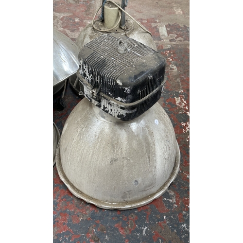 58 - Seven aluminium industrial pendant lights - largest approx. 61cm high x 47cm diameter