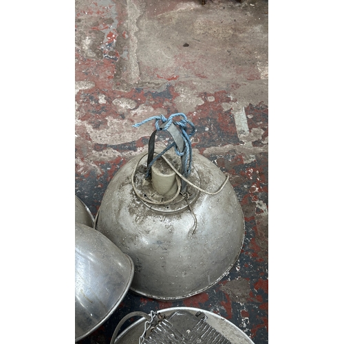 58 - Seven aluminium industrial pendant lights - largest approx. 61cm high x 47cm diameter