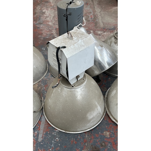58 - Seven aluminium industrial pendant lights - largest approx. 61cm high x 47cm diameter