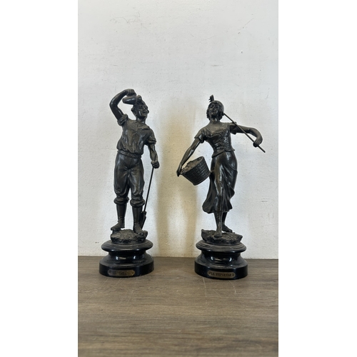69 - Two French bronzed spelter figurines on ebonised plinths, one titled 'La Paysanne' and one titled 'L... 