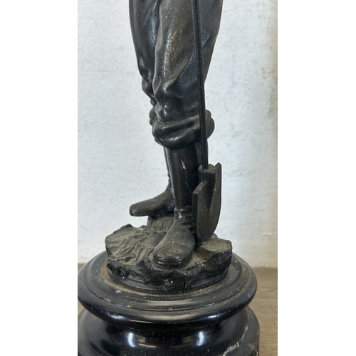 69 - Two French bronzed spelter figurines on ebonised plinths, one titled 'La Paysanne' and one titled 'L... 