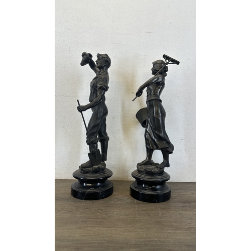 69 - Two French bronzed spelter figurines on ebonised plinths, one titled 'La Paysanne' and one titled 'L... 