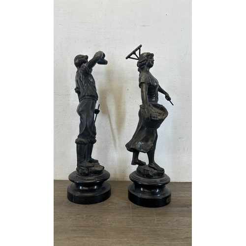 69 - Two French bronzed spelter figurines on ebonised plinths, one titled 'La Paysanne' and one titled 'L... 