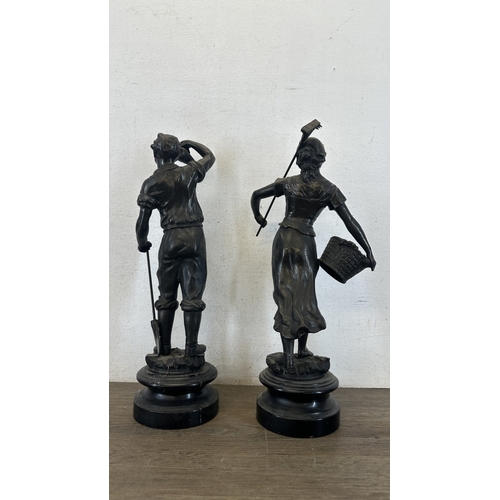 69 - Two French bronzed spelter figurines on ebonised plinths, one titled 'La Paysanne' and one titled 'L... 