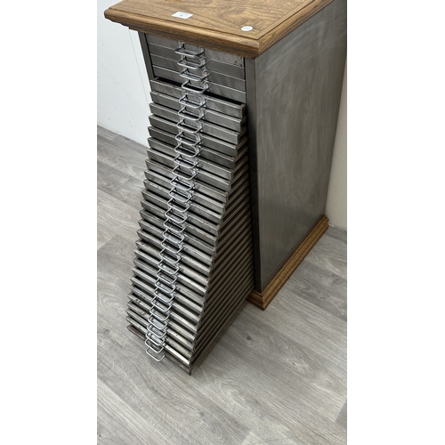 78 - A 1930s upcycled metal thirty drawer filing cabinet with later oak top and base - approx. 88cm high ... 