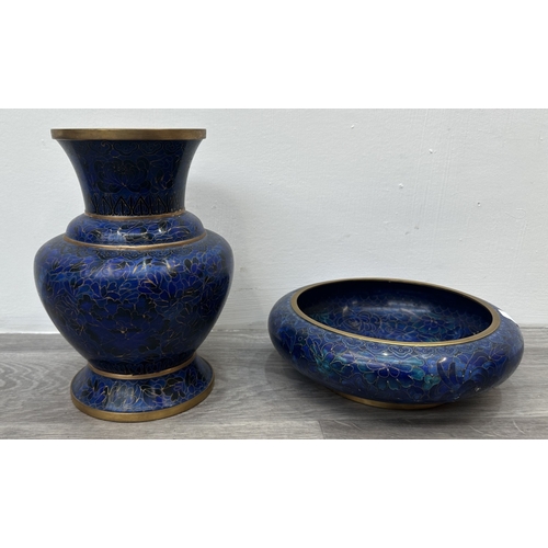 90 - Two pieces of Chinese cloisonné ware, one vase - approx. 23cm high and one circular bowl - approx. 7... 