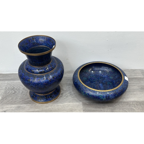 90 - Two pieces of Chinese cloisonné ware, one vase - approx. 23cm high and one circular bowl - approx. 7... 