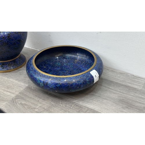 90 - Two pieces of Chinese cloisonné ware, one vase - approx. 23cm high and one circular bowl - approx. 7... 