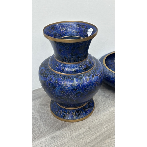90 - Two pieces of Chinese cloisonné ware, one vase - approx. 23cm high and one circular bowl - approx. 7... 