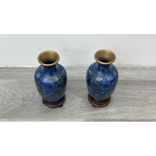 91 - A pair of Chinese cloisonné baluster vases on wooden stands - approx. 17.5cm high