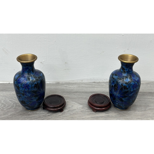 91 - A pair of Chinese cloisonné baluster vases on wooden stands - approx. 17.5cm high