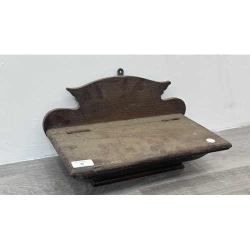 95 - A Georgian style stained oak wall hanging salt/candle box - approx. 21cm high x 37cm wide x 20cm dee... 