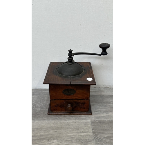 96 - An early 20th century French Peugeot Frères wood and metal coffee grinder - approx. 22cm high x 16cm... 