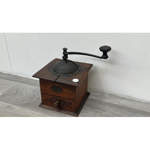 96 - An early 20th century French Peugeot Frères wood and metal coffee grinder - approx. 22cm high x 16cm... 