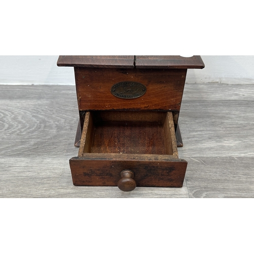 96 - An early 20th century French Peugeot Frères wood and metal coffee grinder - approx. 22cm high x 16cm... 