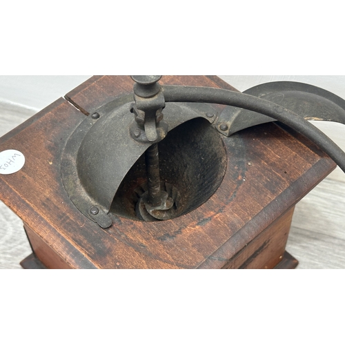 96 - An early 20th century French Peugeot Frères wood and metal coffee grinder - approx. 22cm high x 16cm... 
