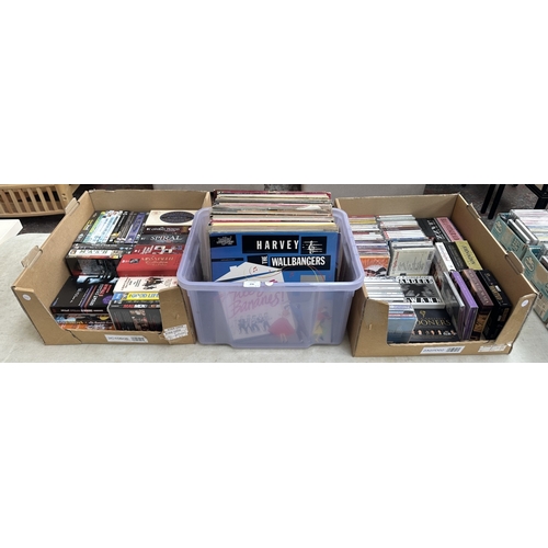 374 - Three boxes, one containing LP vinyl records to include Mahalia Jackson, Fred Hersch Trio, Harvey & ... 