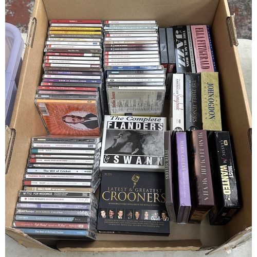 374 - Three boxes, one containing LP vinyl records to include Mahalia Jackson, Fred Hersch Trio, Harvey & ... 