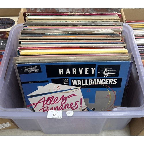 374 - Three boxes, one containing LP vinyl records to include Mahalia Jackson, Fred Hersch Trio, Harvey & ... 